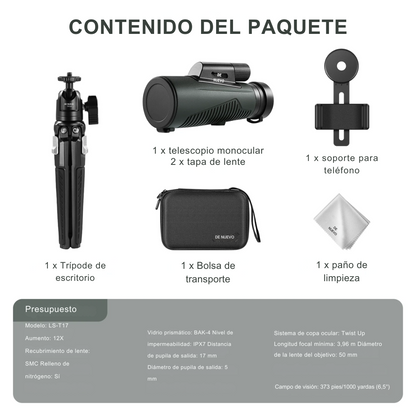 Kit de telescopio monocular ED 12x50 con soporte para móvil